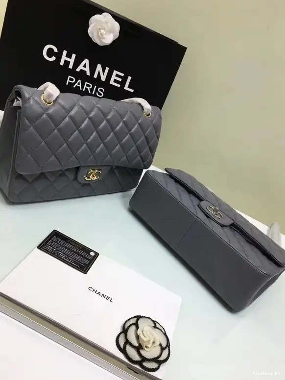 Firstbag Ru Bag Gold Leather Size 30cm Grey Silver With Lambskin 1112 Hardware Large CHANEL Flap 0511